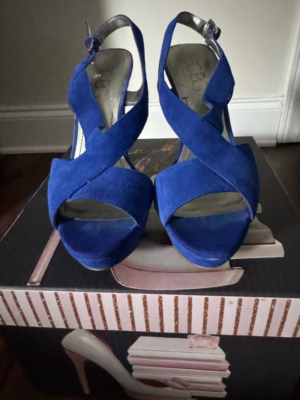 BCBG Royal Blue Suede Crisscross Platform Slingback Heels